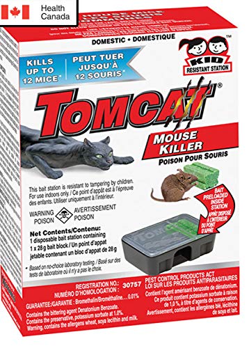 Tomcat MOUSE-RODENT KILLER-Child and Dog Resistant-Disposable 4 Pack Bait Stations, Certified by Health Canada REG No. 30757, 4 INDIVIDUAL BAIT STATIONS With 4 Garbage - 4 Gloves For EASY TO USE AND DISPOSE