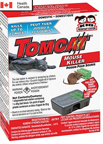 Tomcat MOUSE-RODENT KILLER-Child and Dog Resistant-Disposable 4 Pack Bait Station For MICE-RATE-RODENT Certified by Health Canada REG# 30757, 4 SEPARATE BAIT STATIONS, USE AND THROW, EASY TO USE AND DISPOSE, TESTED