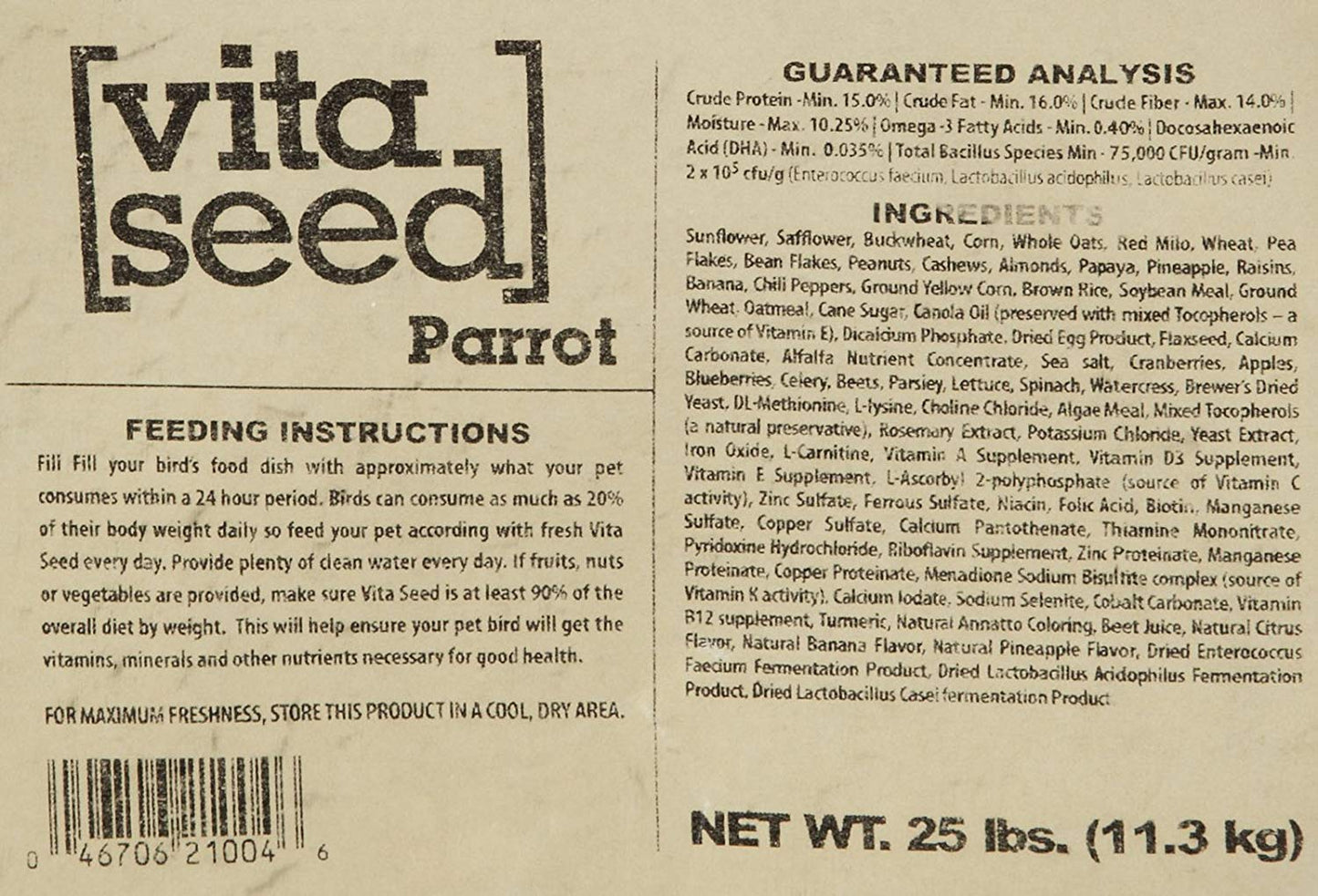 Higgins 466145 Vita Seed Parrot Food For Birds, 25-Pound